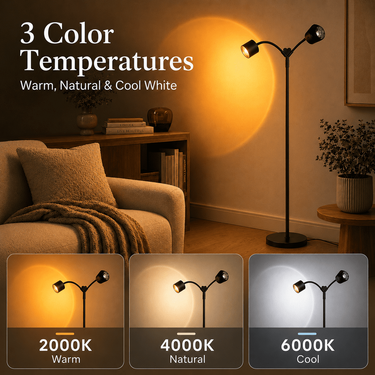 MEHOOM Double-Headed Floor Lamp , 360°Rotating Sunset Lamp Ambiance Comes with 7 Color Swatches, Modern Floor Stand Night Light for Living Rooms, Bedrooms & Offices