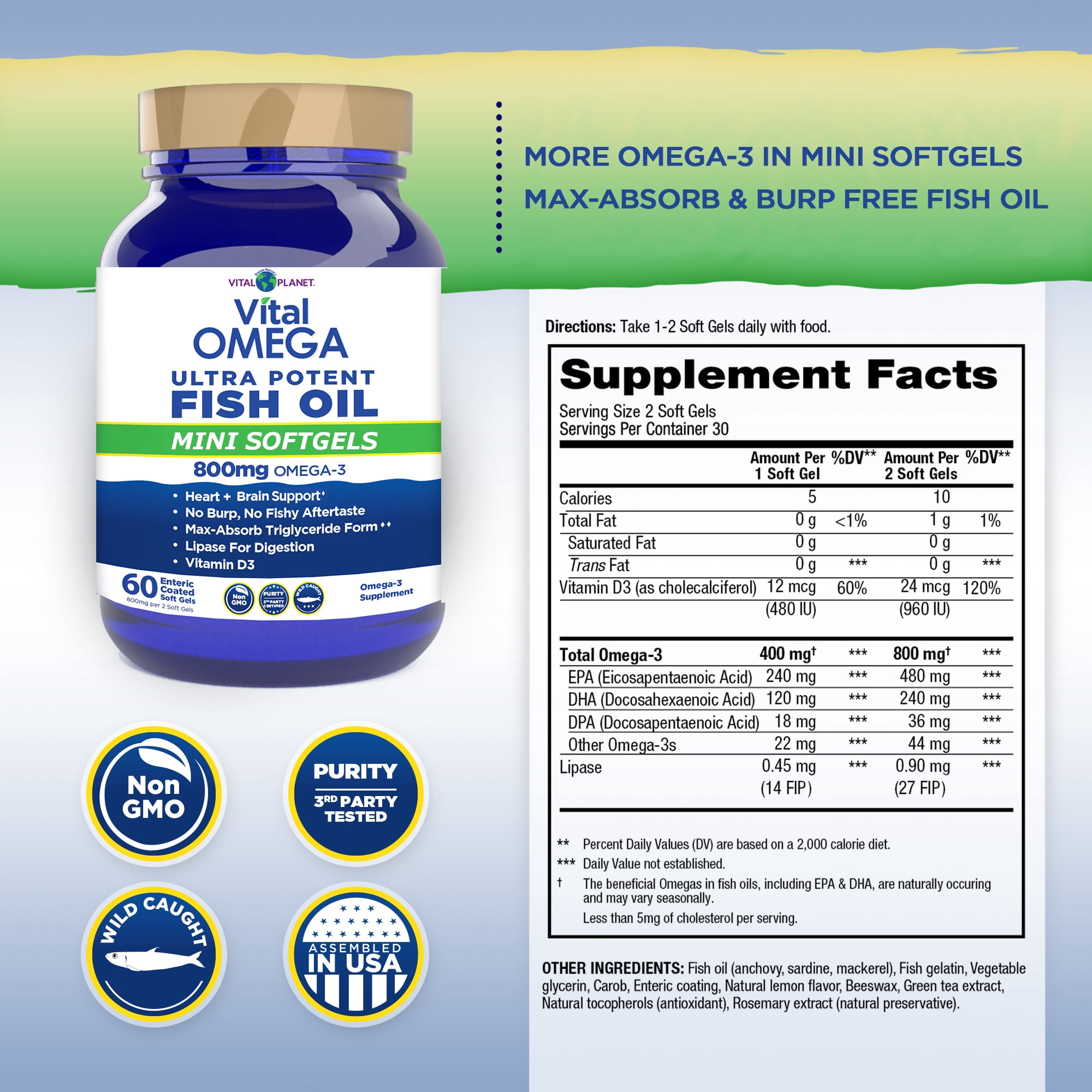 Vital Planet - Vital Omega 3 Fish Oil Mini Softgels Supplement 60 Softgels (Packaging May Vary)