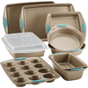 Rachael Ray 52386 Cucina Nonstick Bakeware Set with Grips includes Nonstick Cake Pans, Cookie Sheet / Baking Sheet and Muffin Pan / Cupcake Pan - 4 Piece, Latte Brown with Cranberry Red Ha