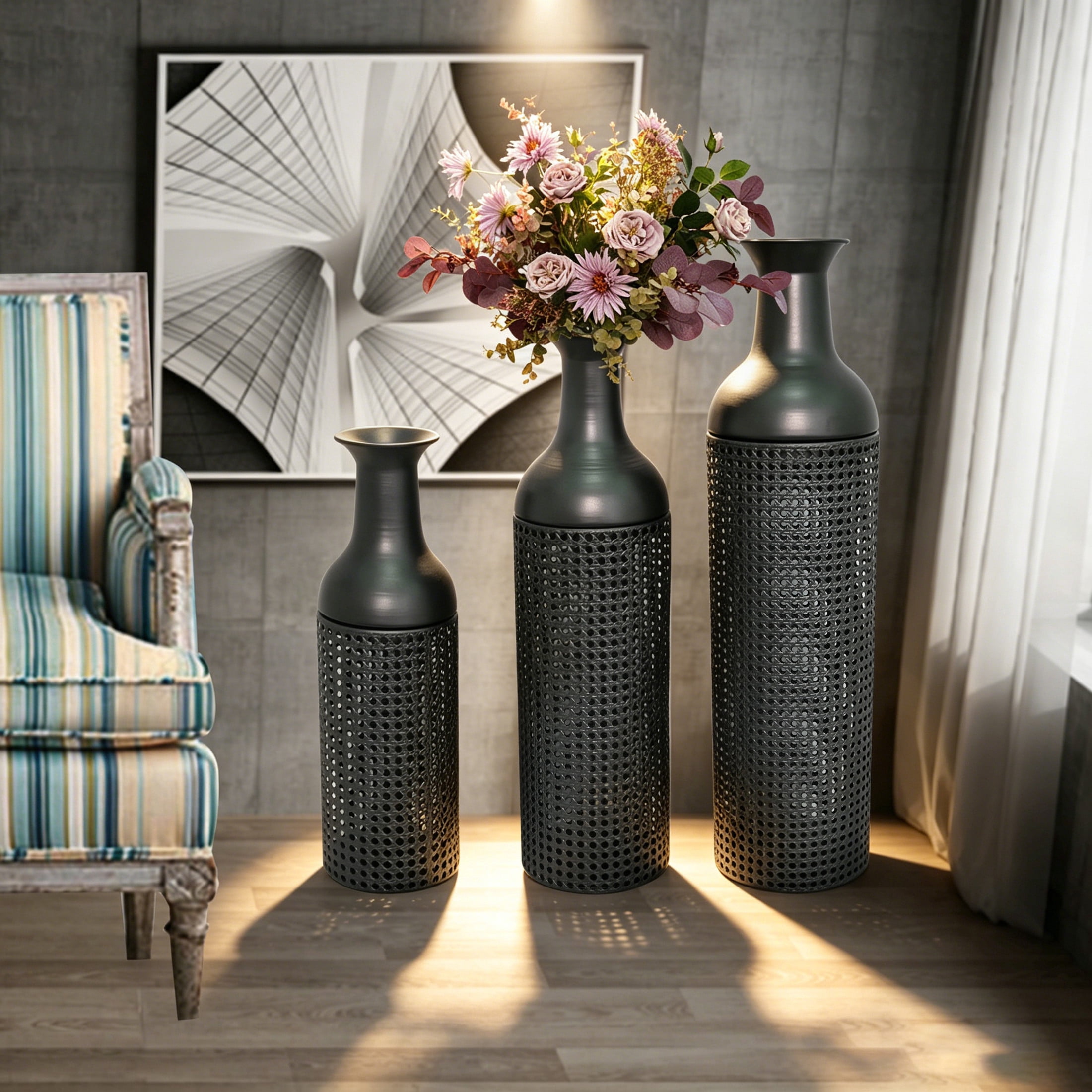 Noble House Set of 3 Decorative Metal Floor Vases, Cane Pattern Tall Vases, Black