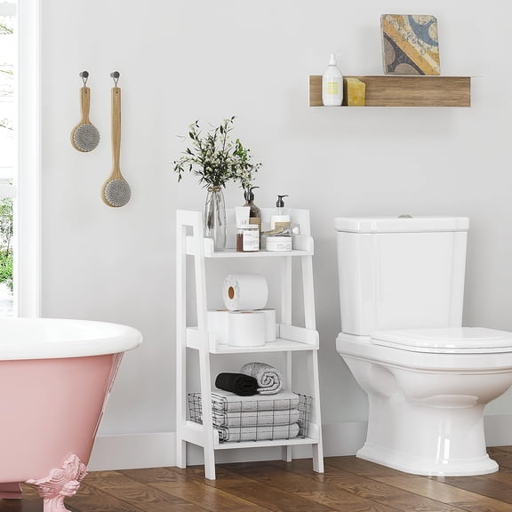 3-Tier Ladder Shelf, Bathroom Shelf Freestanding, 3-Shelf Spacesaver Open Wood Shelving Unit, Ladder Shelf (White)