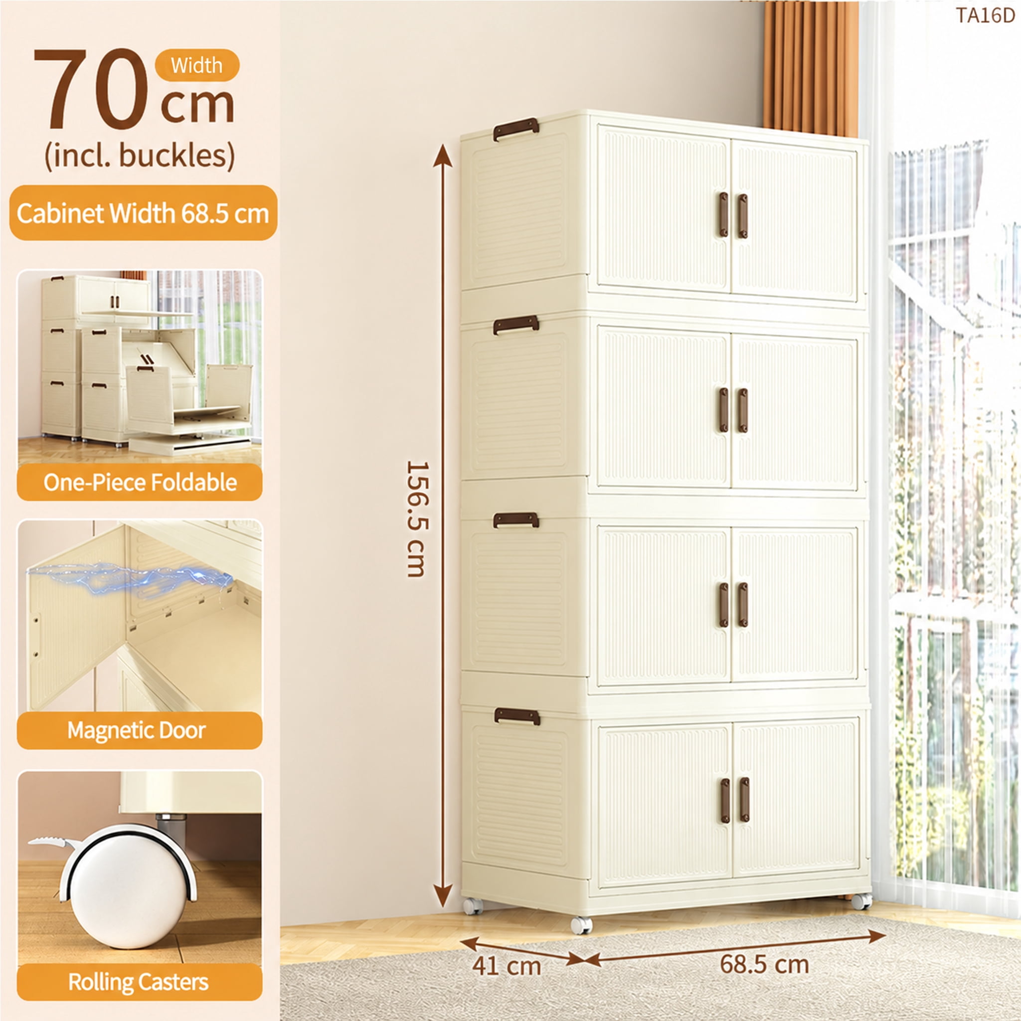 1 Tier Large Foldable Storage Cabinet with Wheels, Stackable Organizer Box for Kitchen Bathroom Bedroom Garage