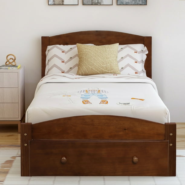 Twin Platform Bed Frame With Storage Drawer Urhomepro Solid Wood Twin Bed Frames With Headboard Bed Frame No Box Spring Needed Great For Kids Adults Modern Bedroom Furniture Walnut W14165 Walmart Com walmart
