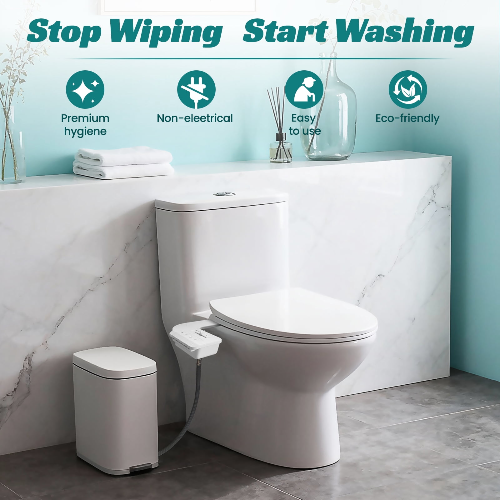 QUITEDEW Dual Nozzle Non-Electric Bidet Toilet Attachment,Self-Cleaning,Adjustable Water Pressure Control with Filtration,White