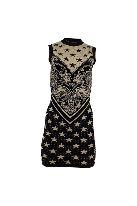 Pre-Owned Balmain Knitted Star-Motif Intarsia Mini Dress in Black and Beige Viscose