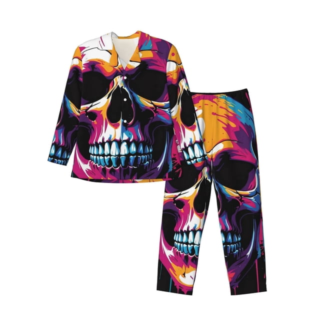 Balery Colorful Skull Pijama para Hombre de Dos Piezas con Manga Larga, Conjunto de Dormir y Descanso Suave con Bolsillos-X-Large