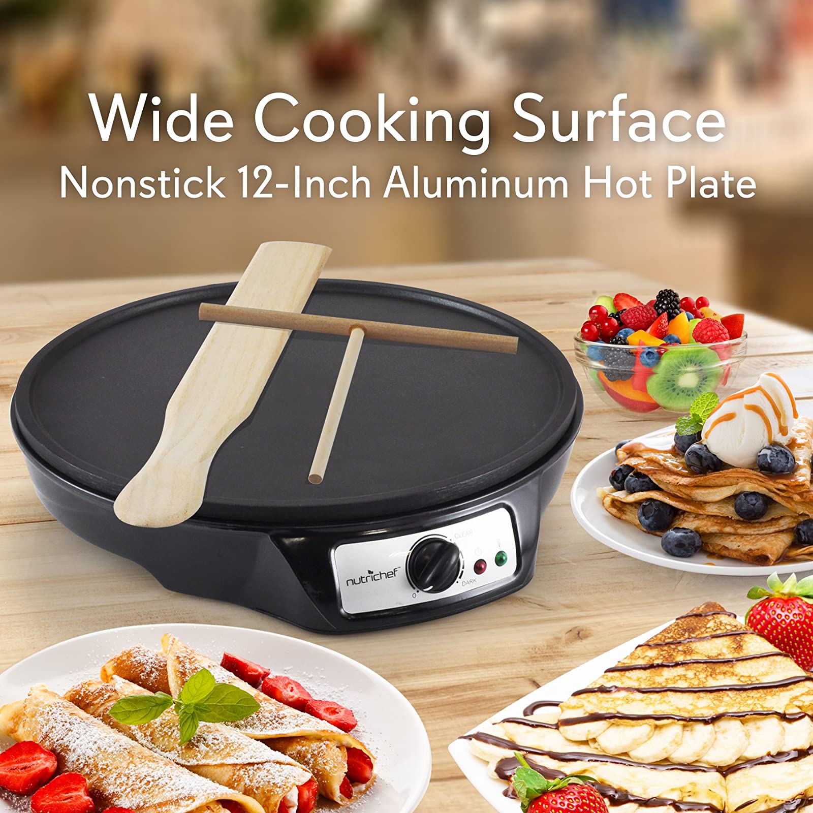 Lumme Crepe Maker - Nonstick 12-inch Breakfast Griddle Hot Plate Cooktop  with Adjustable Temperature Control and LED Indicator Light, Includes  Wooden Spatula and Batter Spreader. 