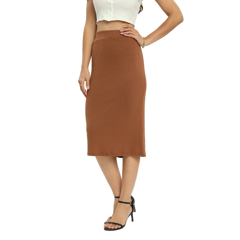 Xmarks Elastic High Waist Below Knee Length Pencil Skirt Knit Basic Tube Midi Skirt Khaki US 8