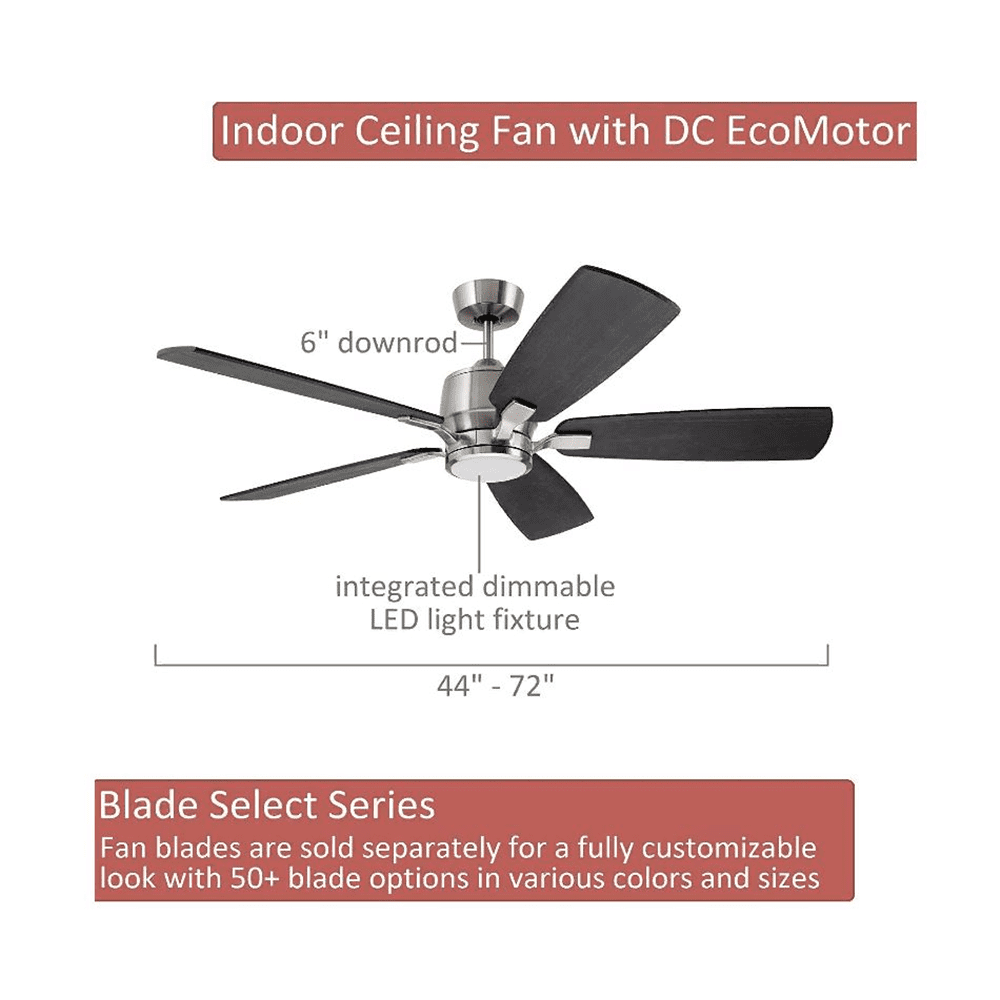Luminance Kathy Ireland Home Ion Eco LED 60in Ceiling Fan with DC Motor | Hanging Fixture with Dimmable Light Kit, Wall Control, and Downrod Mount |  Brushed Steel  with Walnut Blades