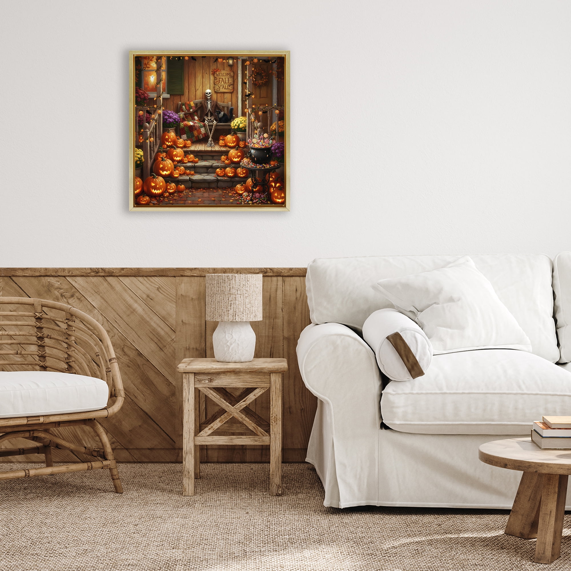 Stupell Industries Welcome To Fall Skeleton Porch Gold Framed Floater Canvas Wall Art, design by Tabz Jones