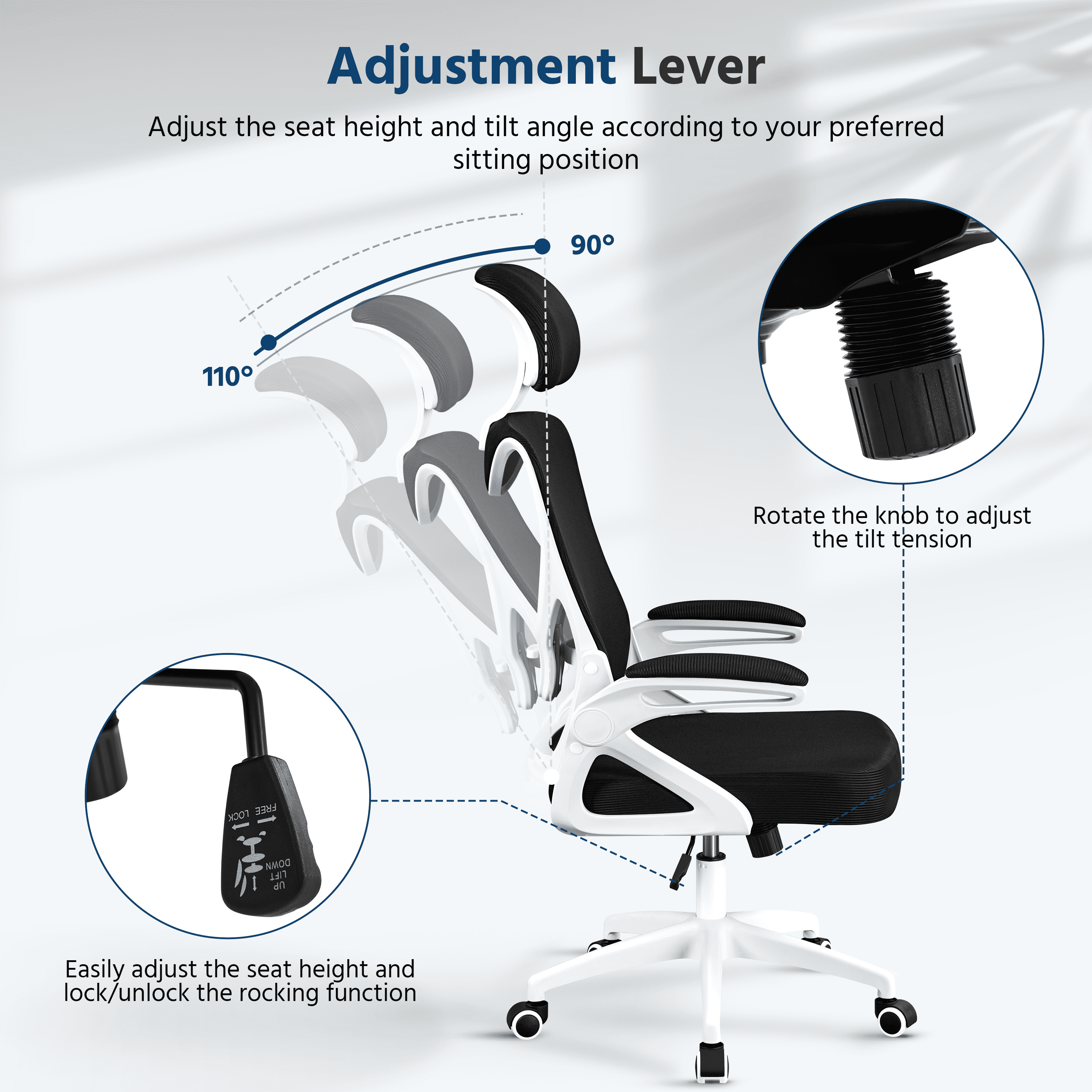 Alden Design High Back Ergonomic Mesh Office Chair with Adjustable Padded Headrest, White/Black