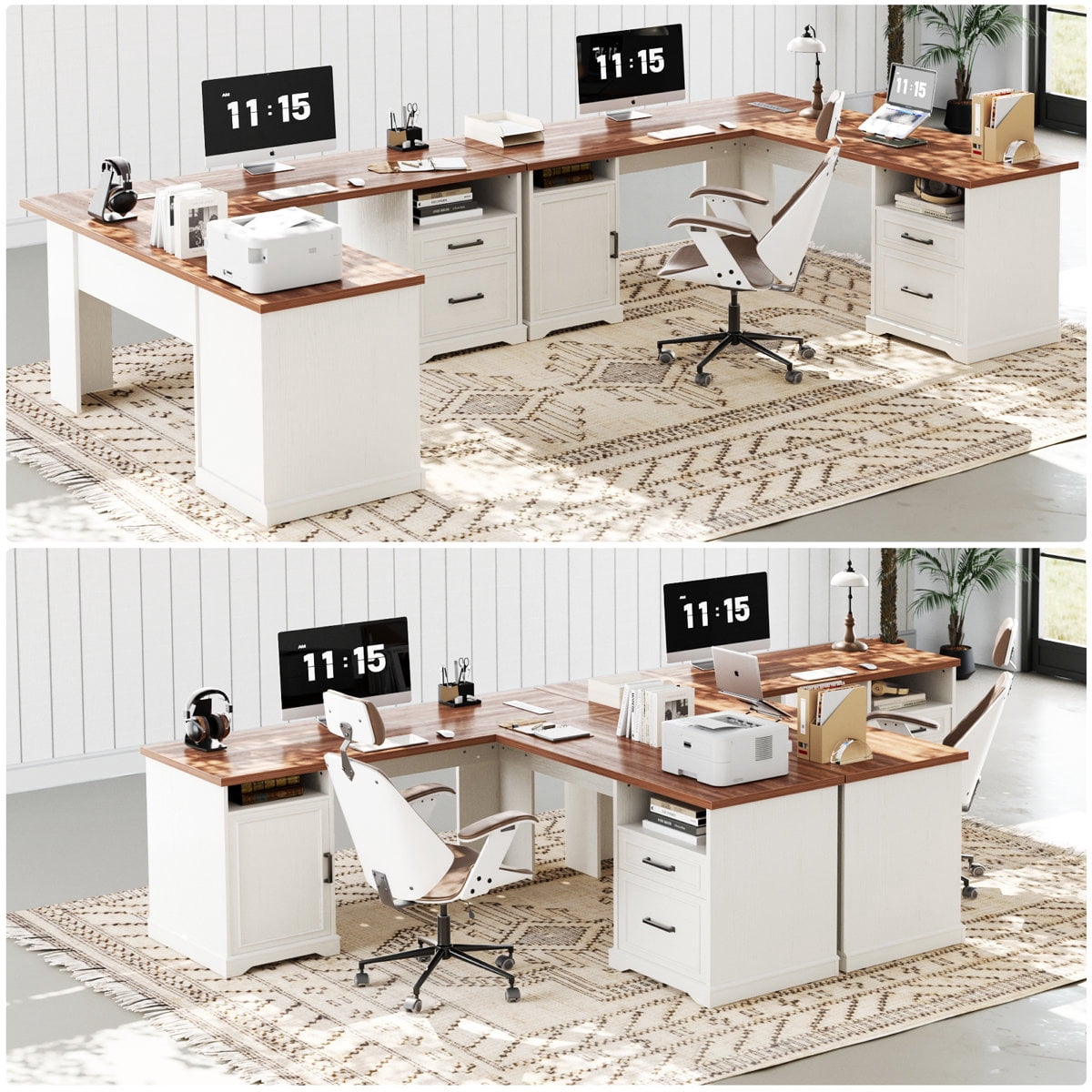 Homieasy L Shaped Executive Desk with File Drawers and  Power Outlets, Home Office Table with Storage Cabinet, Sturdy Writing Desk, White and Brown
