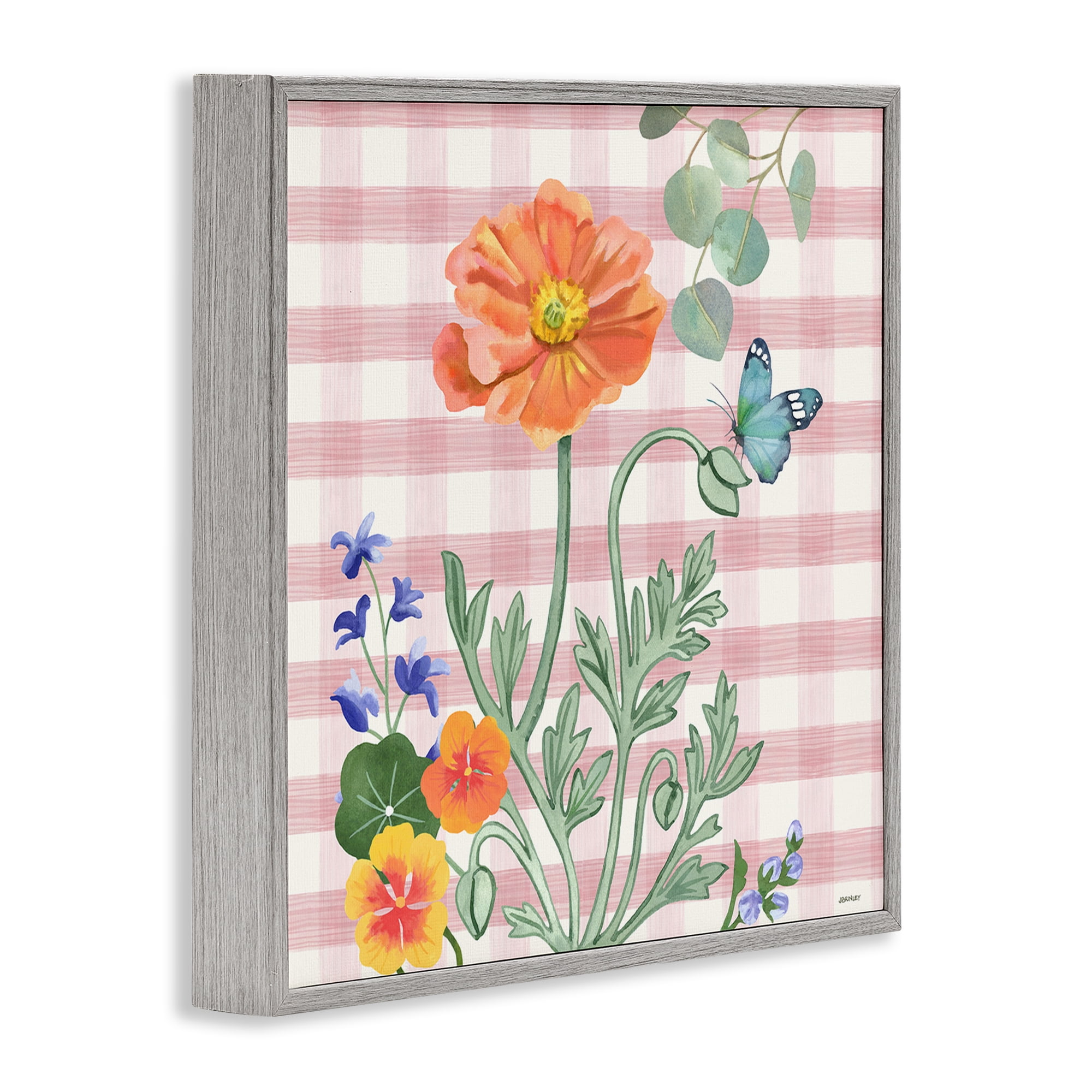 Stupell Industries Gingham Garden Poppy Botanical & Floral Painting Gray Framed Art Print Wall Art, 17 x 17