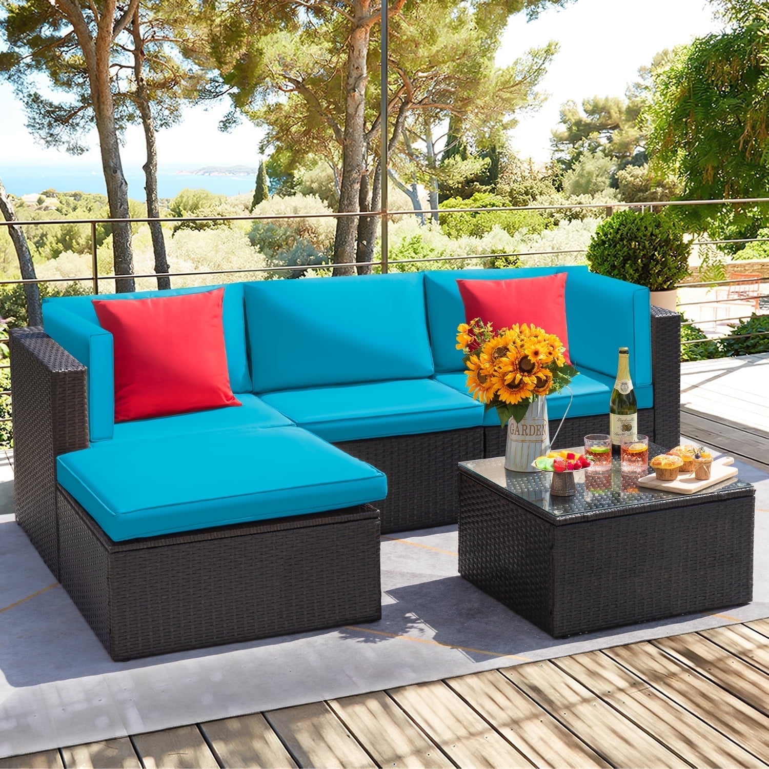Devoko 5 Pieces Patio Sectional Set Outdoor Rattan Sofa with Glass Table, Blue