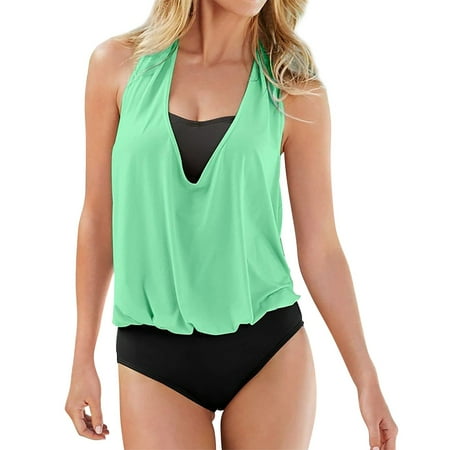 YOTMKGDO Tankini Swimsuits For Women  Women s Solid Color Vintage Plus Size Backless V Neck Tie Tankini 3 Piece Swimsuit  Strappy Lingerie  Open Back Top  Size L
