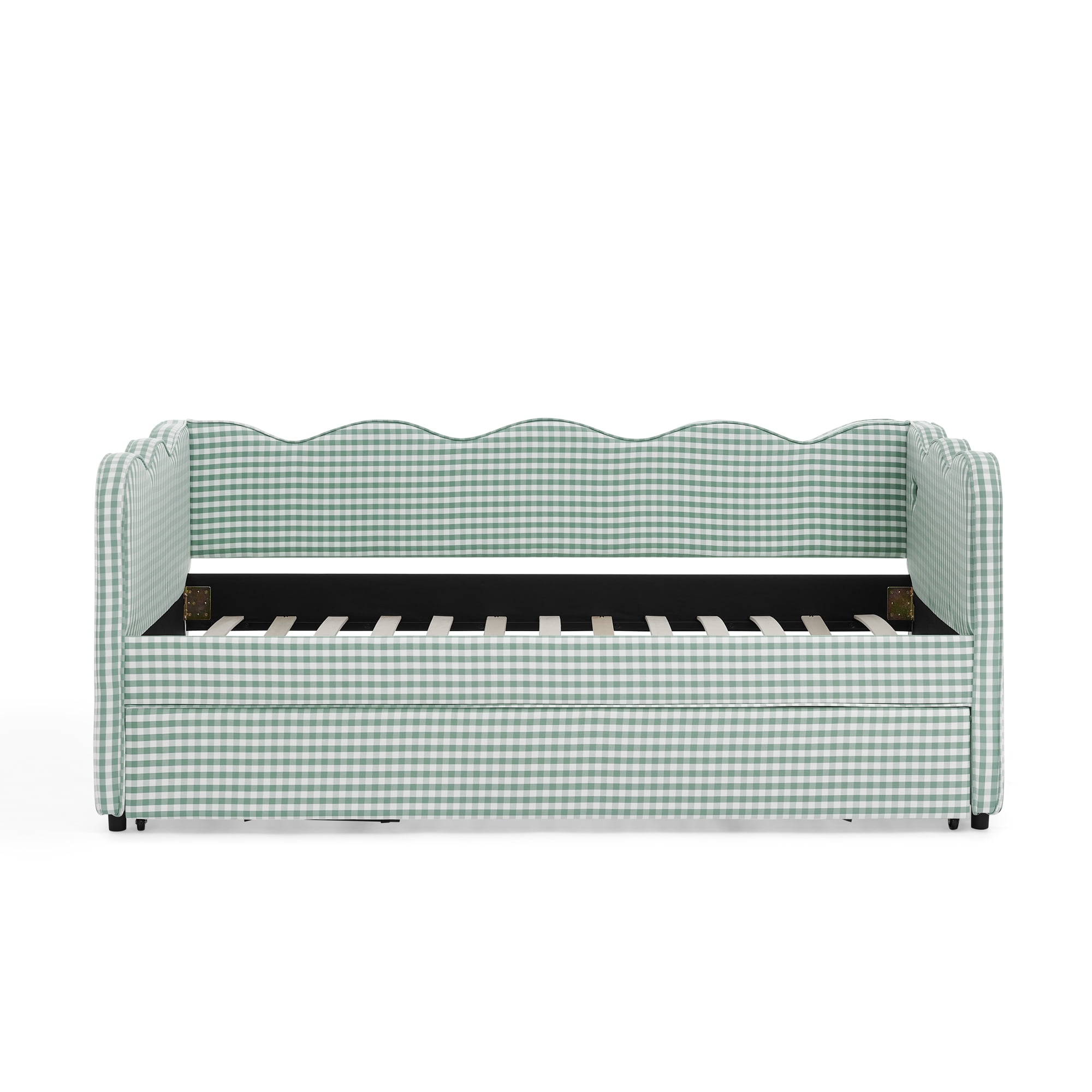 GARITIN Twin Size Daybed with Trundle, Gingham Sofa Bed with USB Port and Wavy Shape Headboard for Kids Room, Cyan