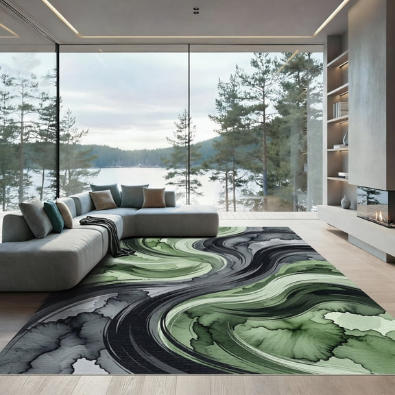 ODIKA 4'x6' Machine Washable Non-Slip Area Rug, Abstract Green High Traffic Rug, Green, 1182411