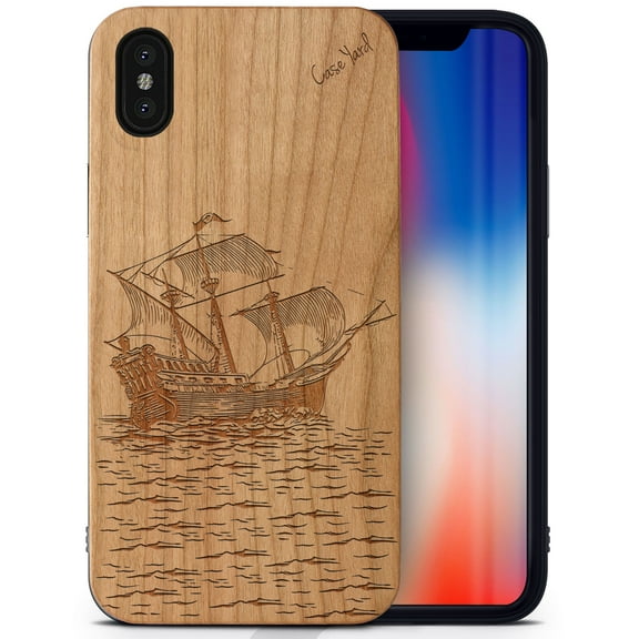 Case Yard Wooden Case Outside Soft TPU Silicone, Slim Fit Shockproof Wood Protective Phone Cover for Girls Boys Men and Women, Supports Wireless Charging Sailboat Design case for iPhone-X