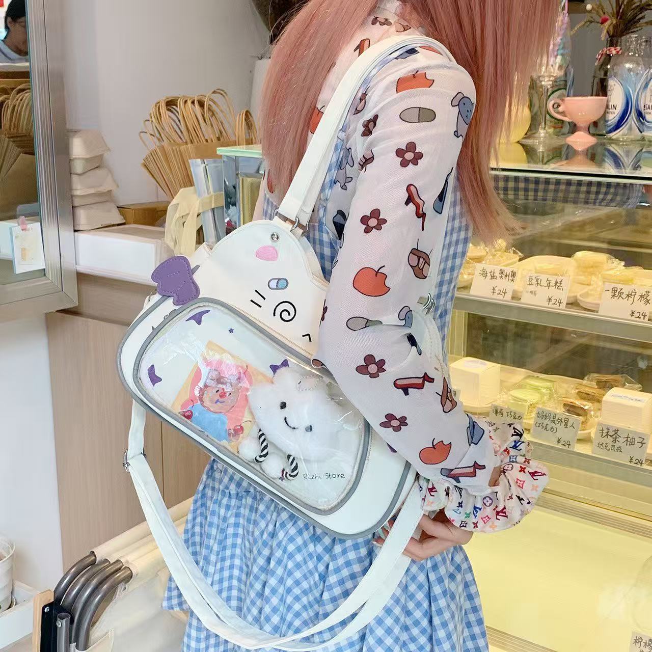 Baguery Kawaii Ita Bag Backpack - Nylon, Cute Cat Insert, Clear Front Pocket, Shoulder/Crossbody, for Otaku Goods/Anime Comic Con