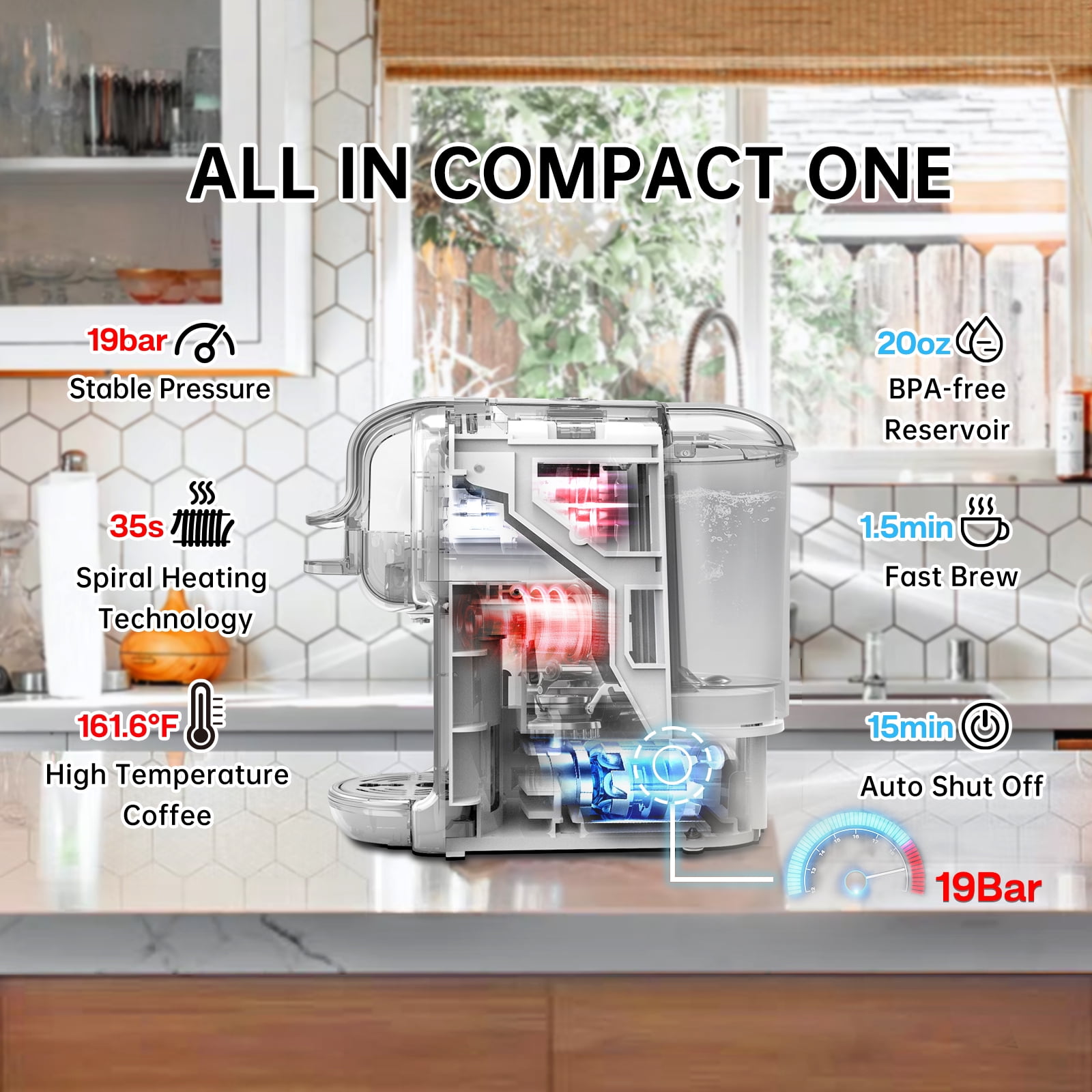 HiBREW 5-in-1 Expresso Machines for Home, Compact Coffee Machine for Pods, Capsules & Espresso Powder H2B