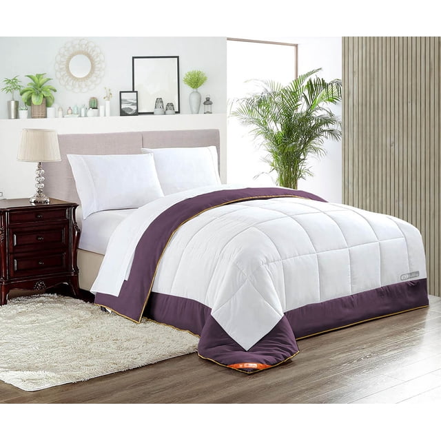 Queen Comforter Dual Tone Plum 300 GSM Plush Siliconized Microfiber Fill Duvet Insert With 1000 Thread Count Egyptian Cotton Shell Fluffy with Piping & Matching Pillowcases