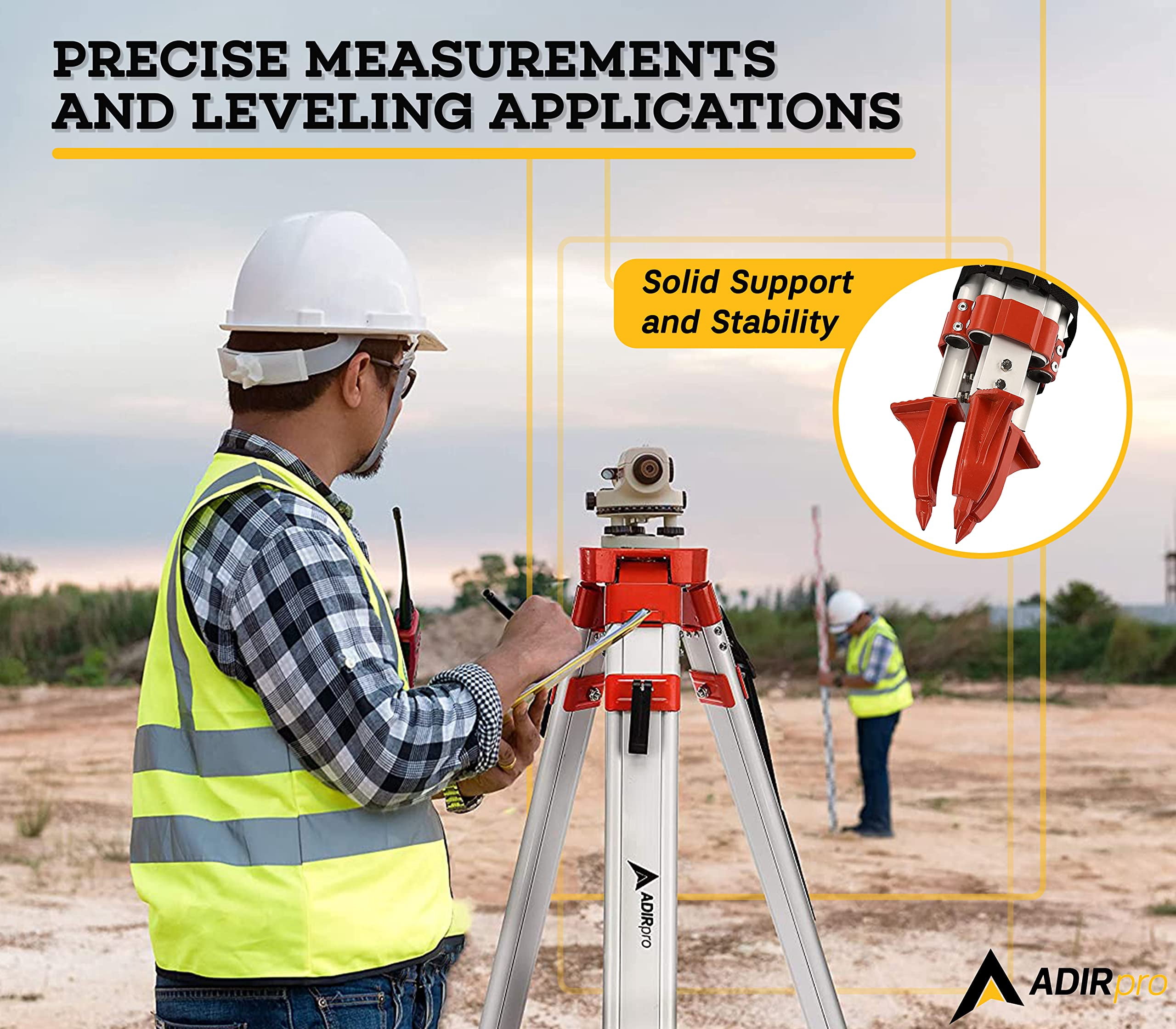 AdirPro Universal Survey Tripod – Laser Level Tripod – Transit Level Tripod - Quick Clamp - Heavy Duty Contractor Tripod 5/8” x 11” Thread (Orange Aluminum)