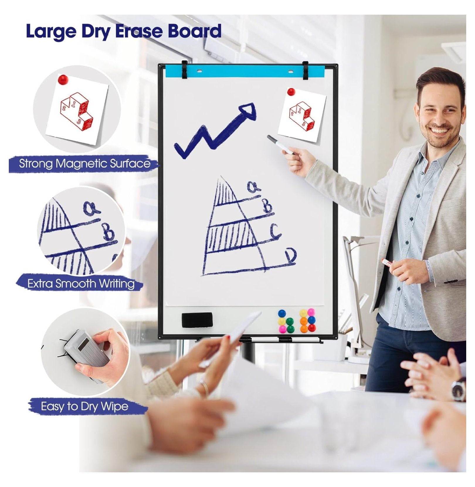 Mobile White Board Dry Erase, 40x26” Rolling Magnetic Whiteboard W/Adjustable Stand, Dry Whiteboard Eraser, 2 Flipchart , 25 Sheets Paper Pad, 6 Markers, Standing Portable White Board