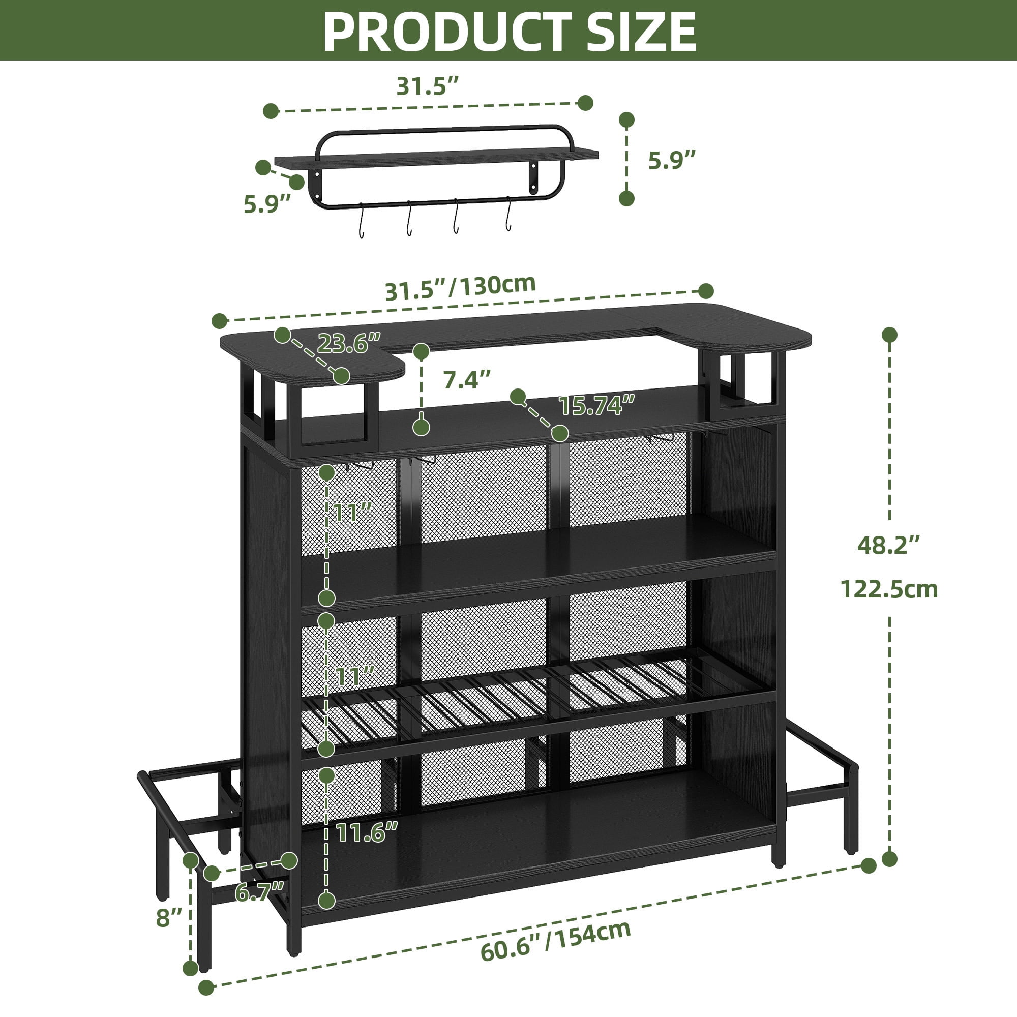 Uforic 5-Tier Home Bar Table with Wine Rack & LED Lights, Mini Bar Cabinet with Glass Holder, Black
