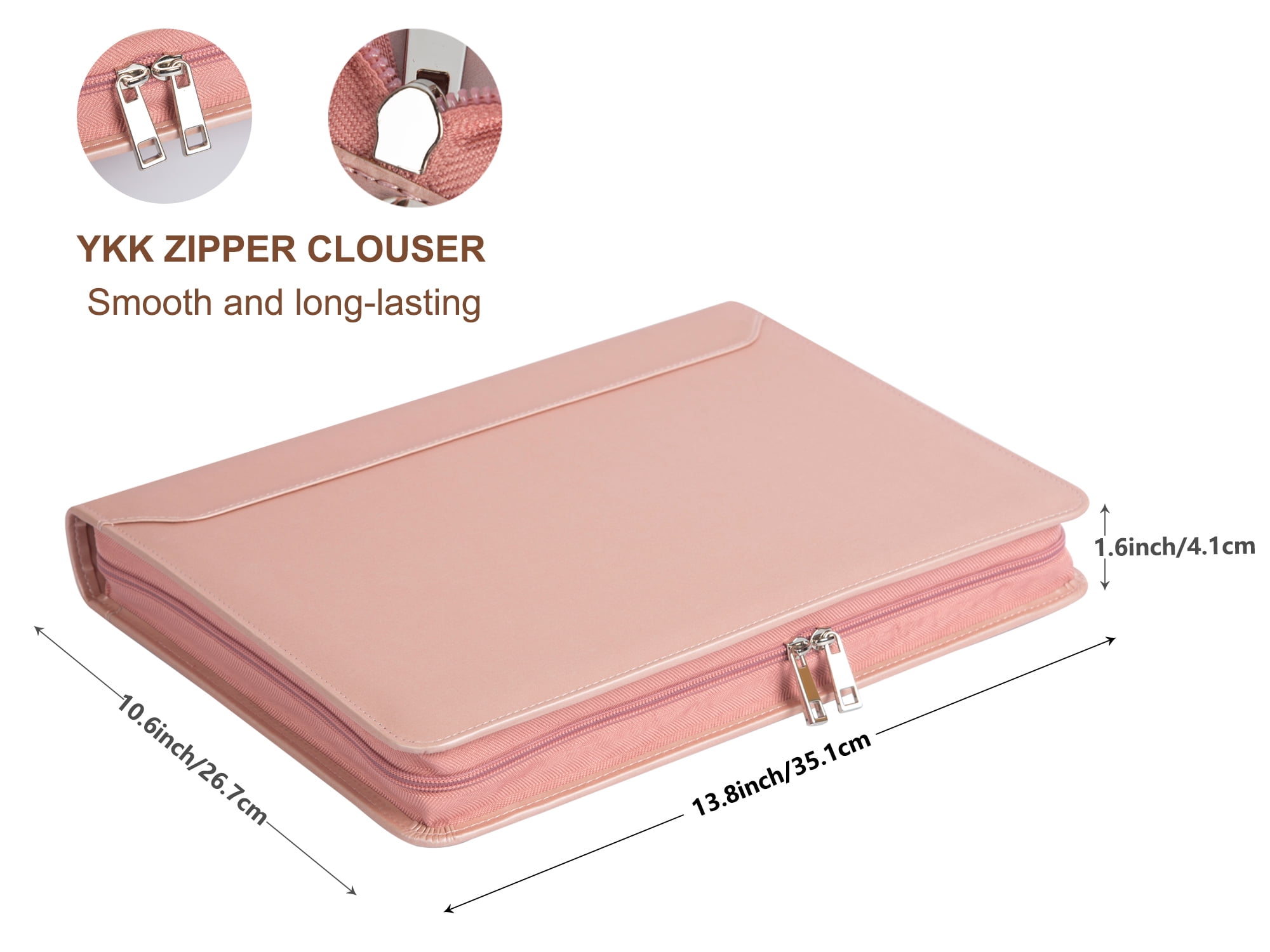 LeatherBelief Portfolio 3 Rings Binder,Zipper PU Leather Padfolio, Business Organizers with A4 Legal Pads, Gift for Him Pink
