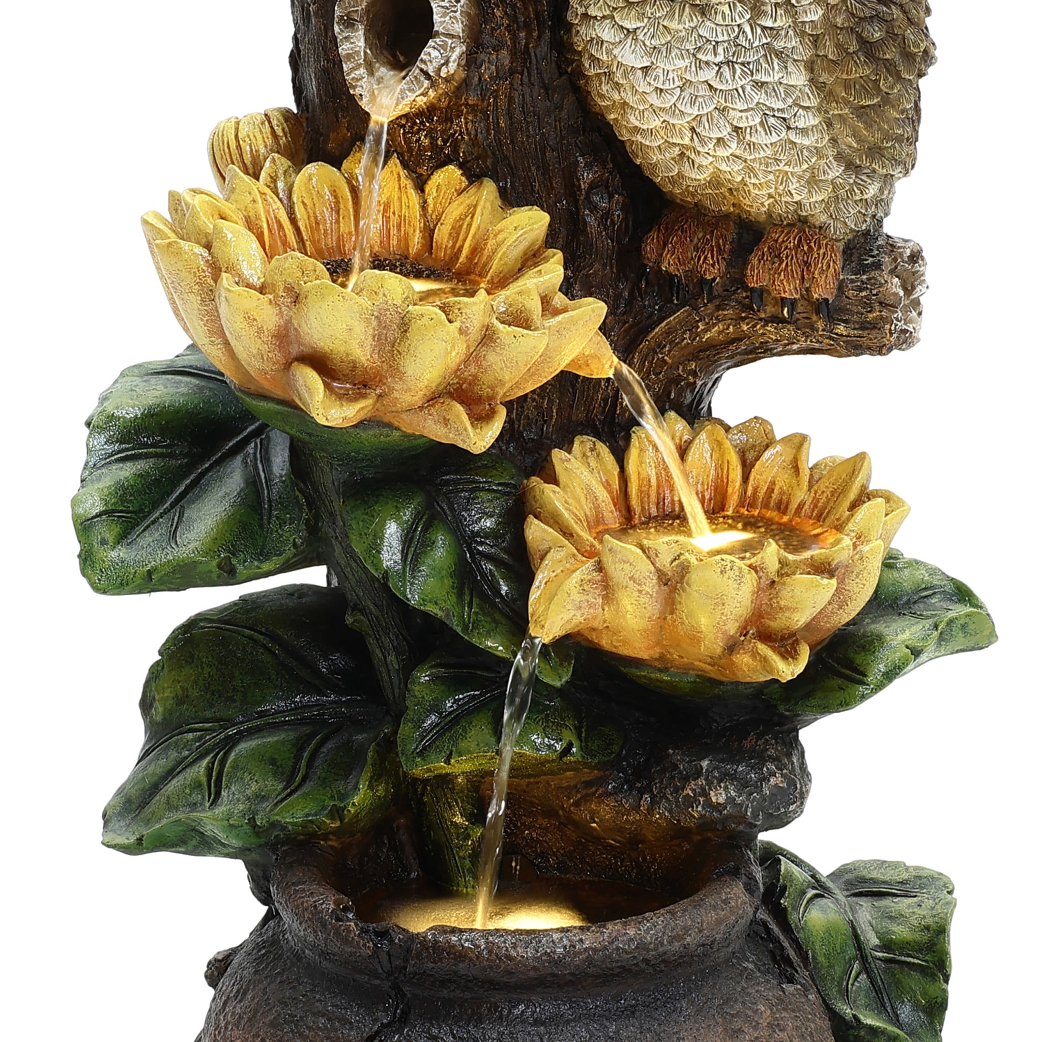 LuxenHome Sunflower and Owl 2.3-Feet Tall Outdoor Polyresin Fountain with Lights