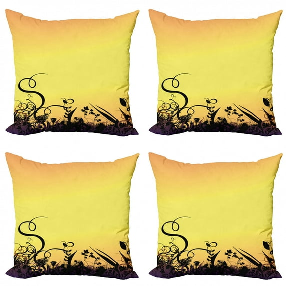 Abstract Throw Pillow Cushion Case Pack of 4, Ombre Effect Illustrated Sunset Abstract Quirky Herbs Botanical Ornamental Image, Modern Accent Double-Sided Print, 4 Sizes, Multicolor, by Ambesonne