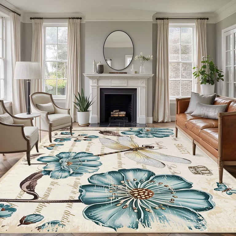 Dragonfly Flowers Area Rug 5x8 Washable Rug Non Slip Vintage
