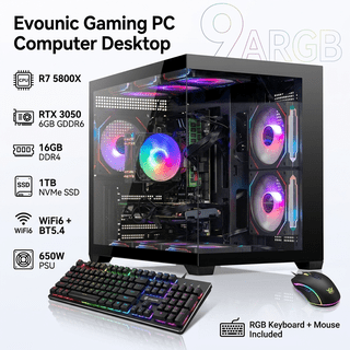 Evounic Gaming PC Computer Desktop, R7 5800X,RTX 3050 6GB GDDR6,16GB DDR4,1TB NVME SSD, WiFi6,BT5.4,9 ARGB Fan, 650W PSU, RGB Keyboard Mouse