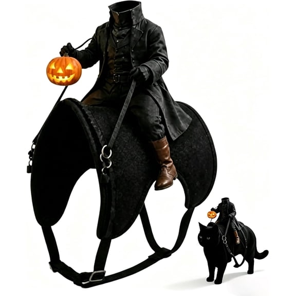 Headless Horseman 3D Illusion Cat Costume, Spooky Ride‑On Halloween Pet Outfit with Pumpkin Accessory for Party, Photo Shoot & Costume Contest