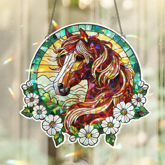 Lotusprinthandmade Horse and Floral Custom Shape Broken Glass Hologram Ornament 3.5in, Gift for Horse Lovers, 3d horse with floral holographic ornament