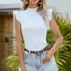 thumbnail image 2 of Top de punto con manga casquillo para mujer, cuello medio alto, Color puro, ajustado, elegante, jersey de verano, Top blanco S, 2 of 8