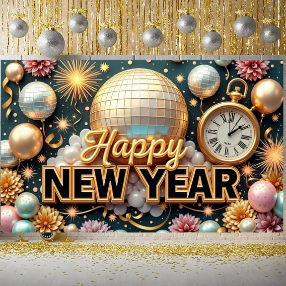 Gold Disco Ball Happy New Year Banner Vintage Clock New Year Display Colorful Balloons Sparkling Fireworks Festive Backdrop for New Year Party Home Gathering Bar Decoration