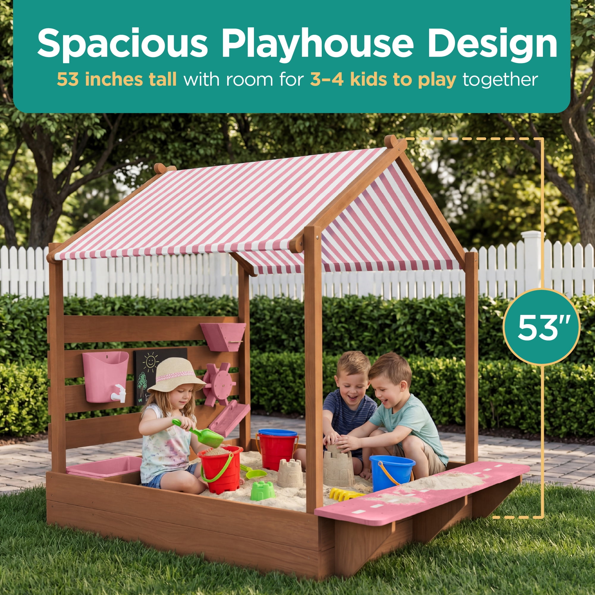 Best Choice Products Deluxe Wooden Sandbox with Canopy, Water Table, Bench Seat, Outdoor Kids Playset - Pink