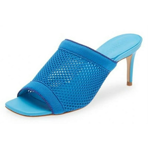 Schutz Sinara True Blue Wide Strap Slip On Open Toe Stiletto Mid Heel Sandals (True Blue, 8)