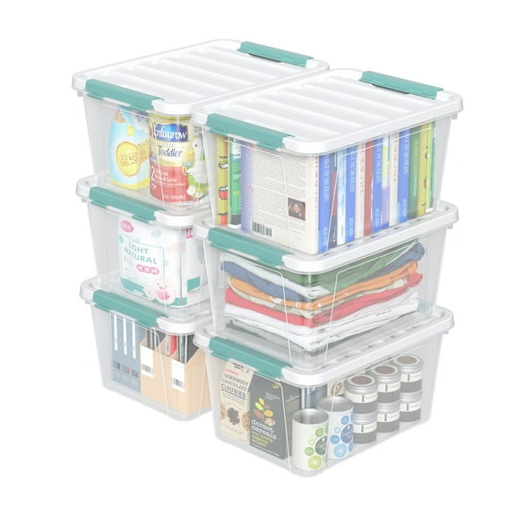 Sandmovie 20 Quart Storage Bin with Latching Lid, Plastic Clear Latch Storage Box, 6 Packs