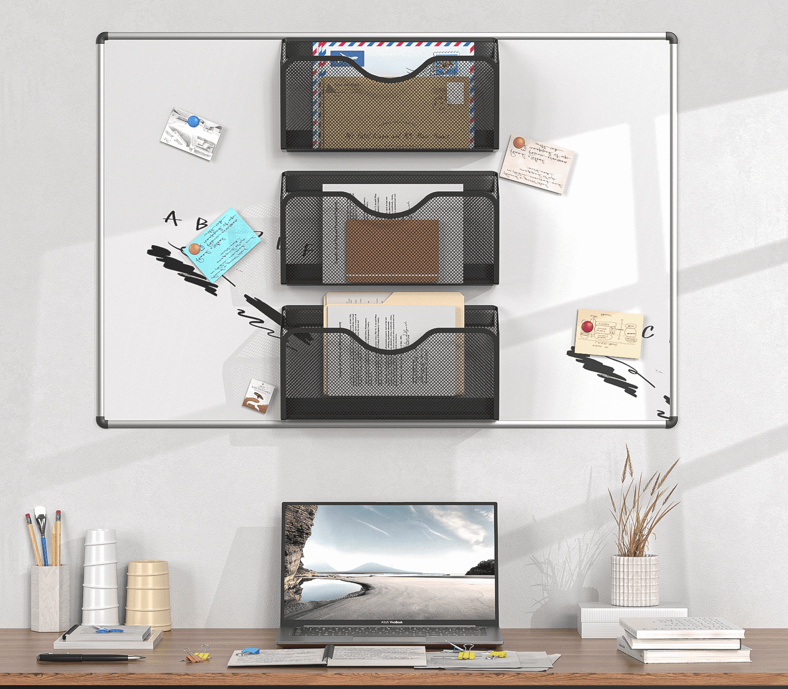 Magnetic File Holder 3PCS File Paper Mail No Drilling Wall Storage for Office Desk Home Study Workspace Magazines Documents Black