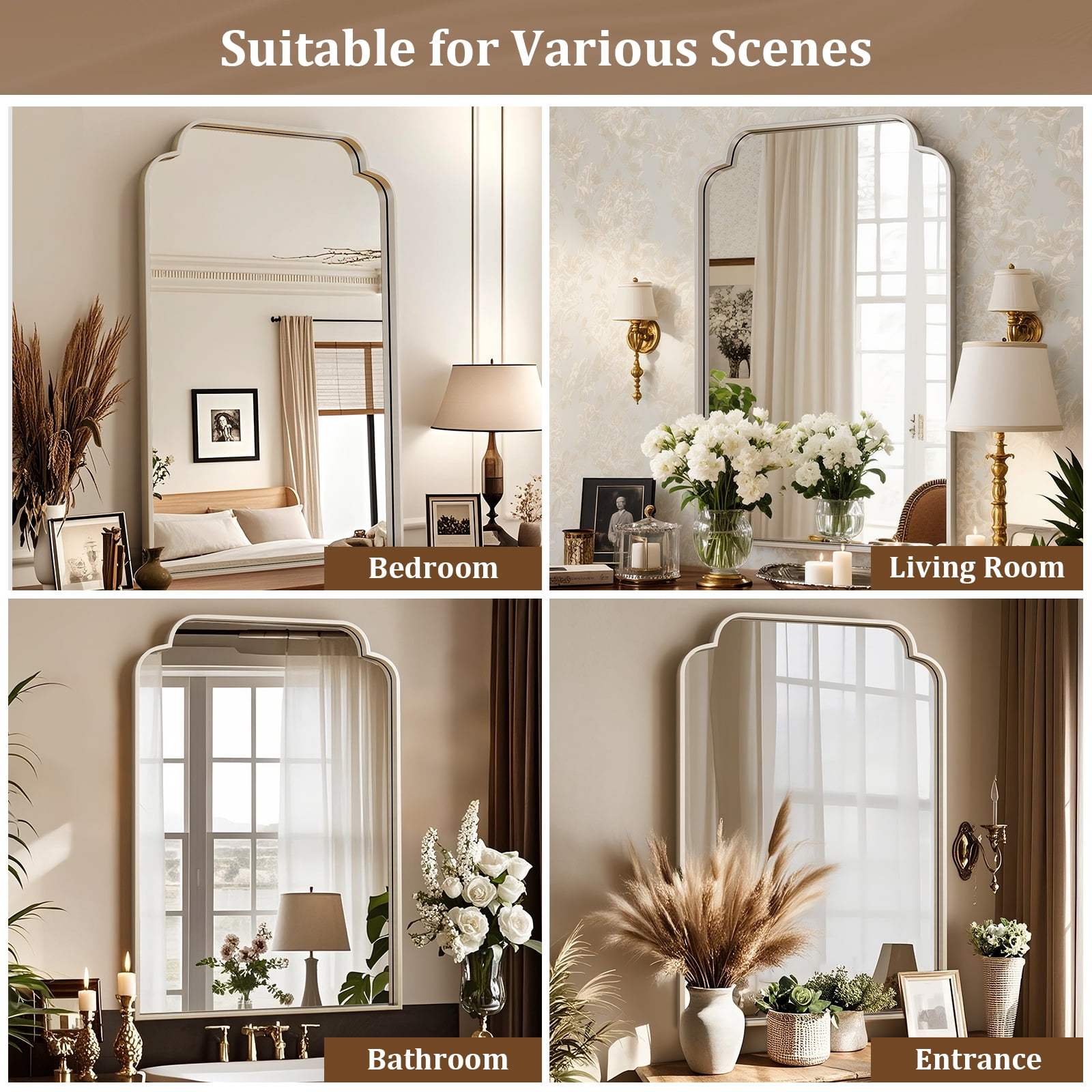 AUROMIR 36"x24" Arched Bathroom Mirror Modern Wall Mounted Mirror with Deep Frame, Silver