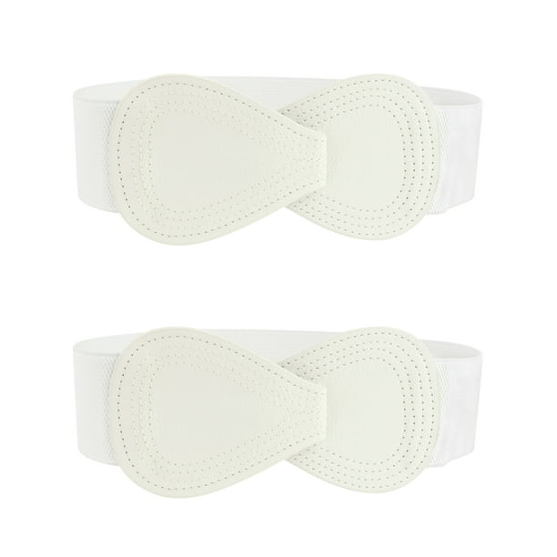 Cinturón elástico de cuero sintético con hebilla en forma de 8 Inspire Chic de 2 piezas para dama 39.4x2.36" (LxW) Crema