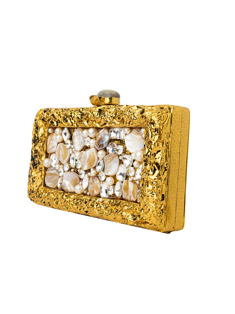 Different Craft India Hand Casted Mettalic Clutch Golden Embellished Crossbody Bag for Women