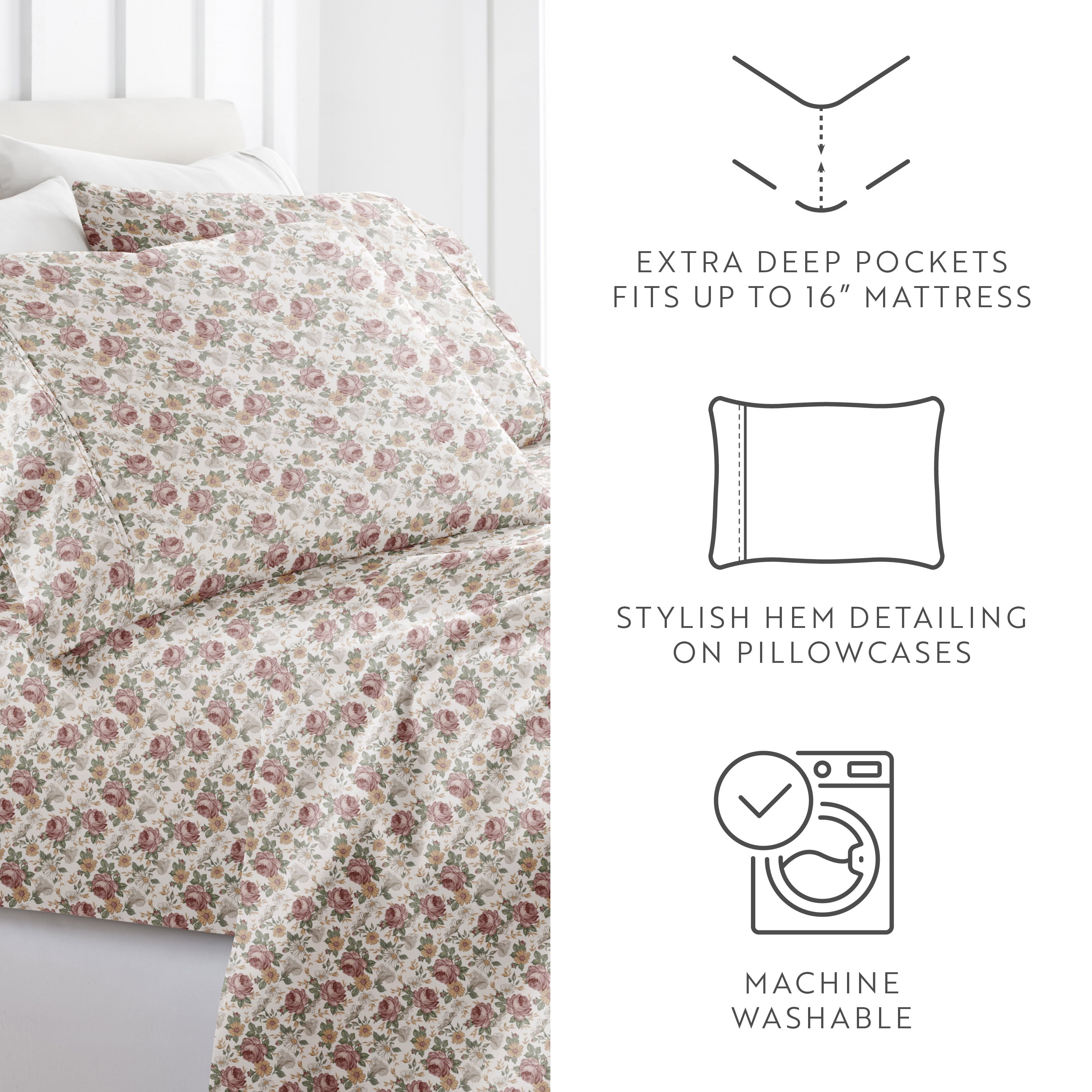 Noble Linens 4 Piece Pattern Microfiber Bed Sheets Set, Blooming Floral Rose, Queen