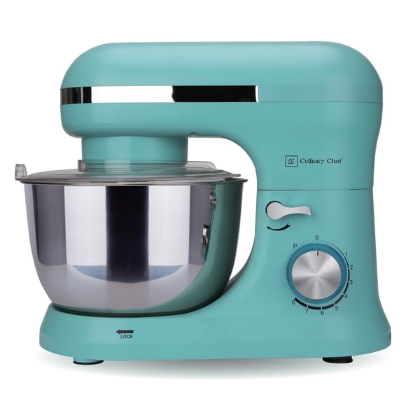 Culinary Chef 4.5 Liter 8 Speed Stand Mixer with Stainless Steel Bowl, 380 Watt Kitchen Mixer with Dough Hook, Beater, Whisk, Splash Cover, Planetary Mixing, Pulse Function, LED Light, Blue
