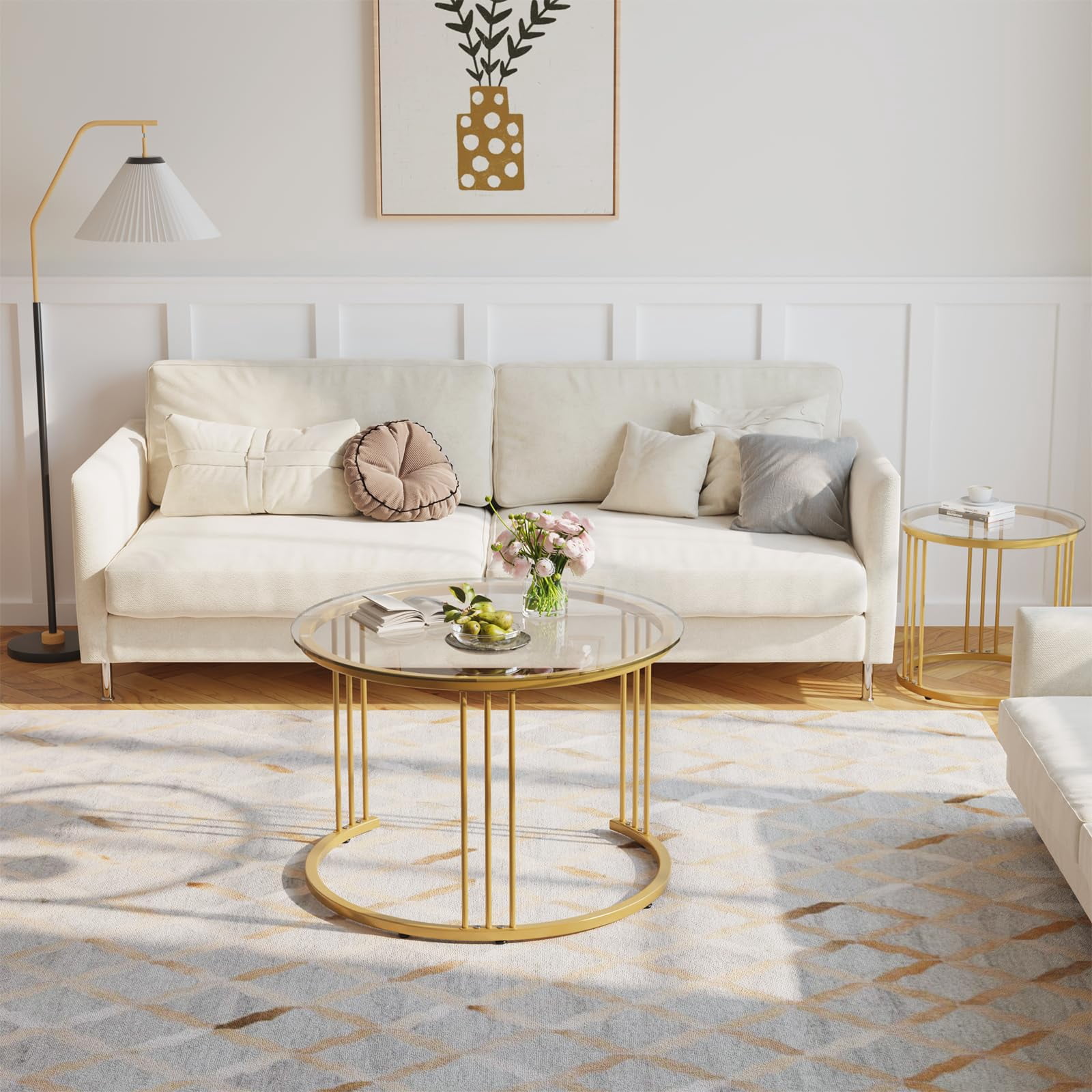 Nesting Coffee Table, 23.6" Round Coffee Table Set of 2, Glass Nesting Table with Metal Frame, Ceter Tables for Living Room Bedroom Balcony, Gold