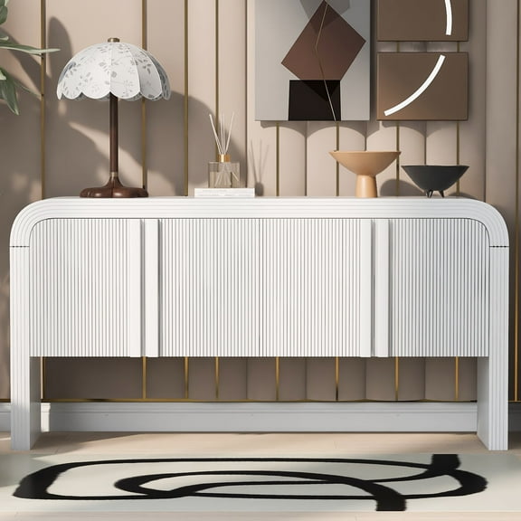 Harper & Bright Designs Modern 4 Door Striped Buffet Cabinet Sideboard with Curved Corners, Wood Accent Cabinet with Adjustable Shelves for Entryway and Living Room, White