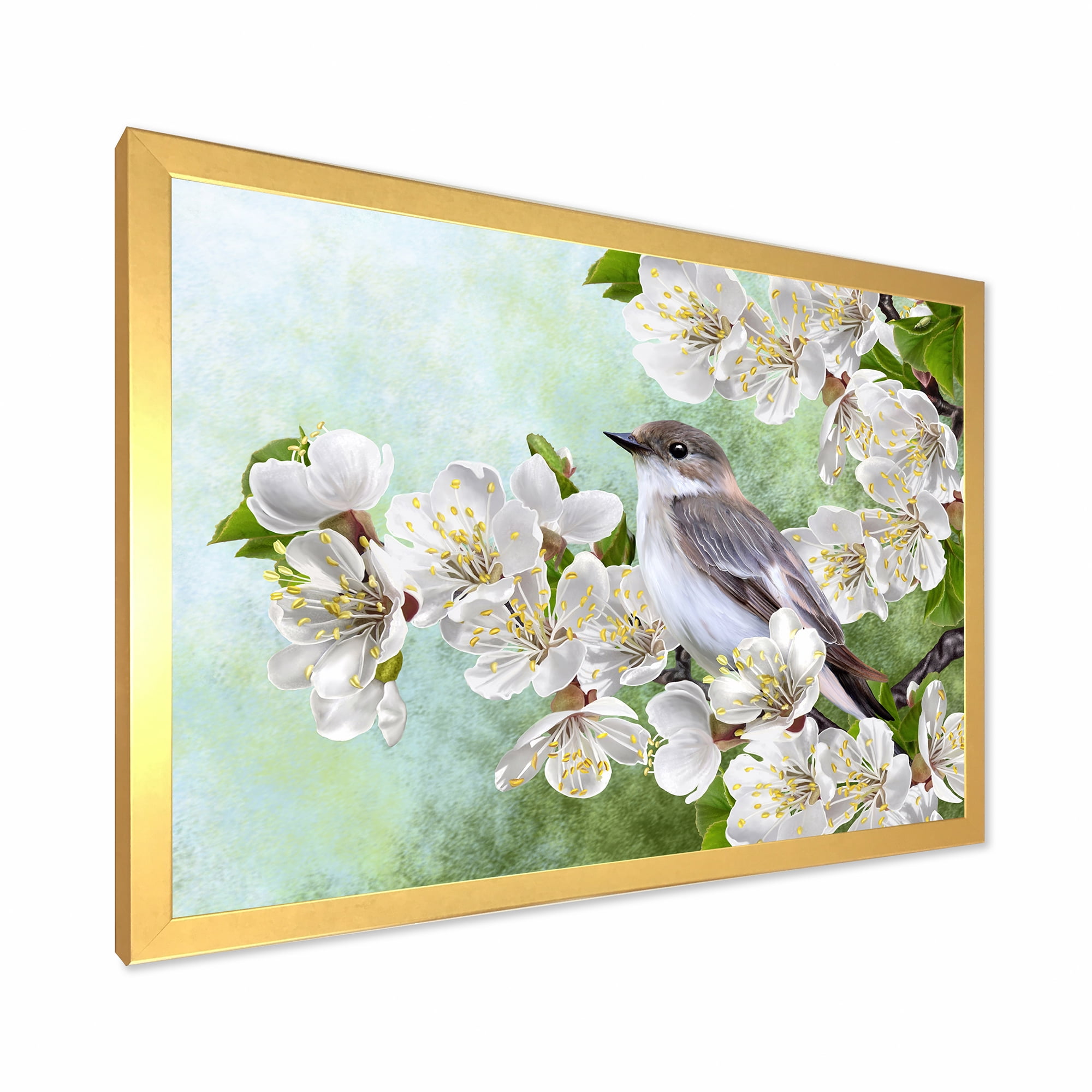 Designart 'Gray Bird Sitting On A Branch of A Blossoming Tree' Traditional Framed Art Print