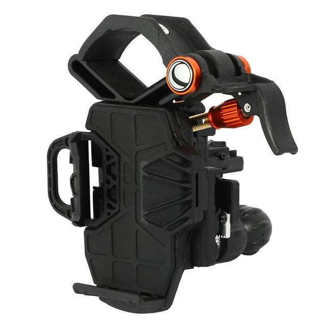 adaptador universal para teléfono inteligente de 3 ejes soporte para teléfono celular móvil para telescopio astronómico negro, vista frontal en 3/4 del soporte de plástico con plataforma totalmente ajustable y abrazaderas de resorte, bloqueo giratorio con tornillo naranja, se adapta a oculares de 35 mm a 60 mm y a microscopios con el anillo adaptador incluido, compatible con teléfonos grandes con funda; a menudo usado para compartir rápidamente imágenes de observación en salidas grupales.
